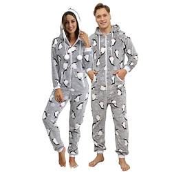 QIYUANT Weihnachts Pyjamas Onesie Flanell Fleece Paar Passende Einteiler Schlafanzug Reißverschluss Herbst Frühling Winter Warm Jumpsuit Hausanzug mit Taschen (Damen Grauer Pinguin XL) von QIYUANT