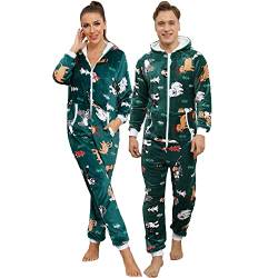 QIYUANT Weihnachts Pyjamas Onesie Flanell Fleece Paar Passende Einteiler Schlafanzug Reißverschluss Herbst Frühling Winter Warm Jumpsuit Hausanzug mit Taschen (Damen Grün L) von QIYUANT