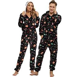 QIYUANT Weihnachts Pyjamas Onesie Flanell Fleece Paar Passende Einteiler Schlafanzug Reißverschluss Herbst Frühling Winter Warm Jumpsuit Hausanzug mit Taschen (Damen Schwarze Zuckerstangen XL) von QIYUANT