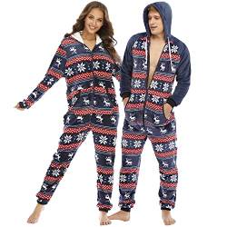 QIYUANT Weihnachts Pyjamas Onesie Flanell Fleece Paar Passende Einteiler Schlafanzug Reißverschluss Herbst Winter Frühling Warm Jumpsuit Hausanzug mit Taschen (Damen Blau M) von QIYUANT