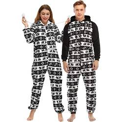 QIYUANT Weihnachts Pyjamas Onesie Flanell Fleece Paar Passende Einteiler Schlafanzug Reißverschluss Herbst Winter Frühling Warm Jumpsuit Hausanzug mit Taschen (Damen Schwarz L) von QIYUANT