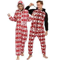 QIYUANT Weihnachts Pyjamas Onesie Flanell Fleece Paar Passende Einteiler Schlafanzug Reißverschluss Herbst Winter Frühling Warm Jumpsuit Hausanzug mit Taschen (Herren Rot M) von QIYUANT