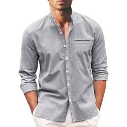 Herren Frühjahr und Sommer Mode Casual Einfarbige Baumwolle und Leinen Kragen Knopf Langarm Shirt Top Retro Hemd Herren von QJDFLL