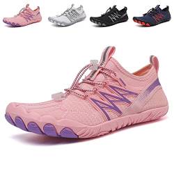 QJJQ Barfußschuhe Damen Herren Wasserschuhe Strandschuhe Schnell Trocknend Badeschuhe Atmungsaktiv Leichte rutschfeste Aquaschuhe Surfschuhe Traillaufschuhe Fitnessschuhe, Rosa, 36 EU von QJJQ