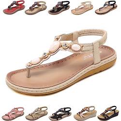 QJJQ Sandalen Damen Sommer Elegant Bequem Flip Flops Bohemian Flach Freizeit Zehentrenner mit Strass, Beige, 37 EU von QJJQ