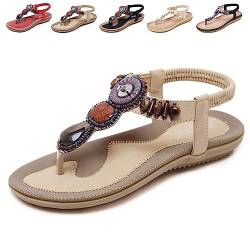 QJJQ Sandalen Damen Sommer Elegant Bequem Flip Flops Bohemian Flach Freizeit Zehentrenner mit Strass, Beige, 38 EU von QJJQ