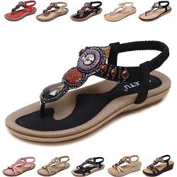 QJJQ Sandalen Damen Sommer Elegant Bequem Flip Flops Bohemian Flach Freizeit Zehentrenner mit Strass, Schwarz, 39 EU von QJJQ