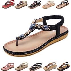 QJJQ Sandalen Damen Sommer Elegant Bequem Flip Flops Bohemian Flach Freizeit Zehentrenner mit Strass, Schwarz, 41 EU von QJJQ