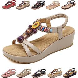 QJJQ Sandalen Damen mit Absatz Sommer Bequem Elegant Sandalen mit Strass Perlen Bohemia Strand Schuhe Freizeit Flach Sandalette, Beige, 37 EU von QJJQ