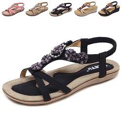 QJJQ Sandalen Damen mit Absatz Sommer Bequem Elegant Sandalen mit Strass Perlen Bohemia Strand Schuhe Freizeit Flach Sandalette, Schwarz, 37 EU von QJJQ