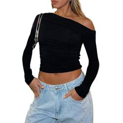 Langarmshirt Damen Y2K Schulterfreies Oberteil Langarm Slim Fit Basic T-Shirt Crop Tops Schwarzer Casual Tee Shirt Fashion Bluse Streetwear von QKEPCY