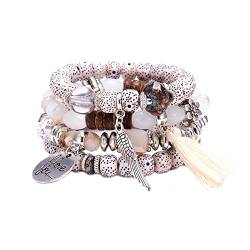 QKEPCY 4pcs Armband-Set mit Quasten Wickelarmband mit Naturstein Perlen Boho Mehrschichtiges Damen Armbänder Marmor-Armband mit Herz Perlen-Handkette verstellbar für Damen und Mädchen (Beige) von QKEPCY