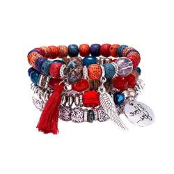 QKEPCY 4pcs Armband-Set mit Quasten Wickelarmband mit Naturstein Perlen Boho Mehrschichtiges Damen Armbänder Marmor-Armband mit Herz Perlen-Handkette verstellbar für Damen und Mädchen (Rot) von QKEPCY