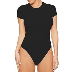 QKEPCY Body Damen Kurzarm Rundhals Bodysuit Elegant Slim Bodys Sommer Bodies Oberteil Overall Classics T-Shirt Bluse Tops (Schwarz, L) von QKEPCY