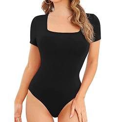 QKEPCY Body Damen Kurzarm Sexy Eckiger Ausschnitt Bodysuit Tops Elegant Damenbody Oberteil Bluse Tops Stringbody für Frauen (Schwarz, L) von QKEPCY