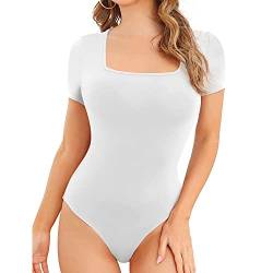 QKEPCY Body Damen Kurzarm Sexy Eckiger Ausschnitt Bodysuit Tops Elegant Damenbody Oberteil Bluse Tops Stringbody für Frauen (Weiß, M) von QKEPCY