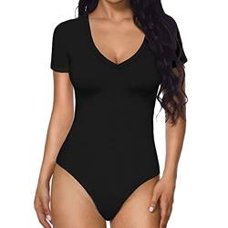 QKEPCY Body Damen Sexy V-Ausschnitt Bodysuit Bodys Kurzarm Sexy Bluse Tops Damenbody Elegant Sommer Stringbody Oberteil Overall Unterziehbody für Frauen (Schwarz, XL) von QKEPCY