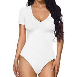 QKEPCY Body Damen Sexy V-Ausschnitt Bodysuit Bodys Kurzarm Sexy Bluse Tops Damenbody Elegant Sommer Stringbody Oberteil Overall Unterziehbody für Frauen (Weiß, L) von QKEPCY