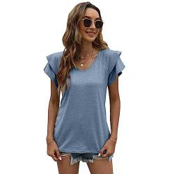 QKEPCY Damen Bluse V-Ausschnitt Elegant Kurzarm Tshirts Rüschen Kurze Ärmel Oberteile Casual Tops Lose Einfarbig Shirt Tunika Tops (Blau XL) von QKEPCY