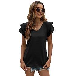 QKEPCY Damen Bluse V-Ausschnitt Elegant Kurzarm Tshirts Rüschen Kurze Ärmel Oberteile Casual Tops Lose Einfarbig Shirt Tunika Tops (Schwarz M) von QKEPCY