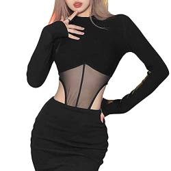 QKEPCY Damen Body Langarm Bodysuit Rollkragen Jumpsuit Sexy Sheer Mesh Langarm Bodysuit Bluse Tops Elegant Schmal Bodysuits Shapewear Overall Pullover Unterzieh Body Tops Freizeit Bodysuit (L) von QKEPCY