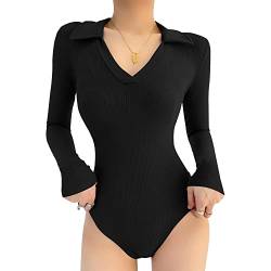 QKEPCY Damen Body Langarm V-Ausschnitt Bodysuit Sexy Damenbody Poloshirt Klassisch Slim Bodies Oberteil Schmal Bodysuits Tops Jumpsuit Unterziehbody für Frauen (Schwarz, L) von QKEPCY