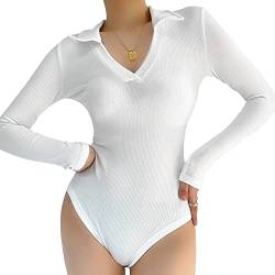 QKEPCY Damen Body Langarm V-Ausschnitt Bodysuit Sexy Damenbody Poloshirt Klassisch Slim Bodies Oberteil Schmal Bodysuits Tops Jumpsuit Unterziehbody für Frauen (Weiß, L) von QKEPCY