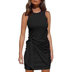 QKEPCY Damen Bodycon Kleid Kurz Enges Wickelkleid Kurzarm Sommerkleid Mini T Shirt Kleid Seitliche Seilbindungen Sexy Clubwear (Schwarz L) von QKEPCY