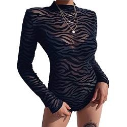 QKEPCY Damen Bodys Sexy Sheer Mesh Langarm Bodysuit Bluse Tops Elegant Bodysuit Tops Leopardenmuster Bodys Unterziehbody Langarmbody für Frauen Tägliches Tragen (L) von QKEPCY