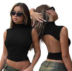 QKEPCY Damen Crop Tank Top Rückenfreies Sexy Oberteil Ärmelloses Y2K T-Shirt Hoher Kragen Sommer Crop Top Backless Streetwear Shirt (L, Schwarz) von QKEPCY