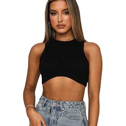 QKEPCY Damen Crop Tank Tops Ärmelloses Bauchfreies Oberteil Rib Top Leibchen Rundhals Sport Cropped T-Shirt Y2k Sommer Streetwear, L Schwarz von QKEPCY