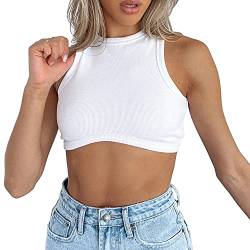 QKEPCY Damen Crop Tank Tops Ärmelloses Bauchfreies Oberteil Rib Top Leibchen Rundhals Sport Cropped T-Shirt Y2k Sommer Streetwear, S Weiß von QKEPCY