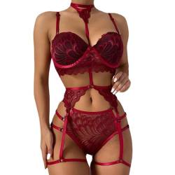 QKEPCY Damen Dessous Set Sexy Unterwäsche für Frau Strapsen Dessous Sexy Set für Damen mit Push up BH und Slip mit Choker mit Strapsen mit Beinbänder (Rot S) von QKEPCY