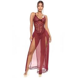 QKEPCY Damen Dessous Set Unterwäsche Frauen Flirty Lingerie Sexy Babydoll Dessous Spitze BH Kimono Spitzen Robe Volant V-Ausschnitt Transparent Morgenmantel Reizwäsche (Rot XL) von QKEPCY