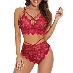 QKEPCY Damen Dessous Sets Dessous Damen Sexy Dessous Damen Flirty Dessous Sexy Puppe Dessous Spitze BH und Höschen Sexy Dessous + Höschen (Burgunderrot XL) von QKEPCY