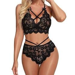 QKEPCY Damen Dessous Sets Dessous Damen Sexy Dessous Damen Flirty Dessous Sexy Puppe Dessous Spitze BH und Höschen Sexy Dessous + Höschen (Schwarz L) von QKEPCY