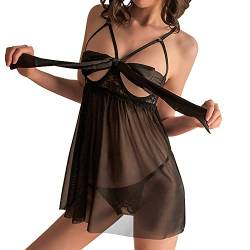 QKEPCY Damen Dessous Sets Sexy Spitzen Reizwäsche Set Erotisch BH und Höschens Set See-Through Catgirl Body mit Ausschnitt zum Binden Halfter Unterwäsche Set Babydoll Lingerie（Schwarz） von QKEPCY