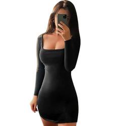 QKEPCY Damen Figurbetontes Kleid Sexy Quadratischer Hals Bodycon Minikleid Elegant Langarm Herbstkleid Bleistiftkleider Langarm Cocktail Bodycon Mini Kleid M von QKEPCY