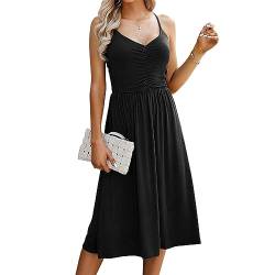 QKEPCY Damen Kleider V-Ausschnitt Ärmellos Sommerkleid Swing Kleid A-Linien Kleid Spagettiträgern Trägerkleid Midikleid Strandkleid für Alltag Freizeit Party Kleid von QKEPCY