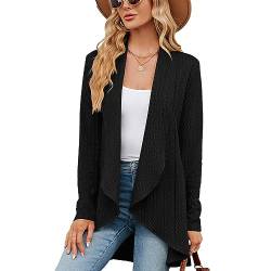 QKEPCY Damen Lange Ärmel Gestrickt Strickjacke Gemütlich Vorderseite Lange Freizeitjacke Damen Cardigan Langarm Strickjacke Herbst Winter Casual Strickcardigan (Schwarz L) von QKEPCY