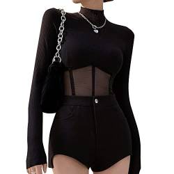 QKEPCY Damen Mesh Langarmshirt Sexy Top Shirts Langarm Slim Fit Cropped Tee Cut Out Oberteile T-Shirt Teenage Mädchen Rundhals Bluse Streetwear Fit Einfarbig Patchwork Blusentops (S) von QKEPCY