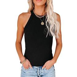 QKEPCY Damen Neckholder Ärmellose Tank Tops Racerback Rundhals Basic Slim Fit Shirts Elegant Oberteile Ribbed Knit Cami Top Sexy Elegant Neckholder Shirt (Schwarz L) von QKEPCY