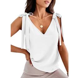 QKEPCY Damen Satin Tank Top Sommer Cami V-Ausschnitt äRmellose Camisole Blusentop Casual Tank Bluse Shirt Weste Shirts Hemd Oberteile (Weiß M) von QKEPCY