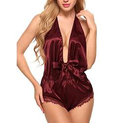 QKEPCY Damen Sexy Body Dessous Seiden Satin Babydoll Teddy Spitze Unterwäsche Tiefer V-Ausschnitt Bodysuit Halterung Reizwäsche Lingerie Rückenfrei Negligee Nachtwäsche fur Frauen (Rot, L) von QKEPCY