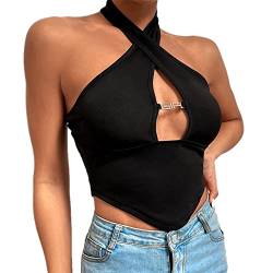 QKEPCY Damen Sexy Neckholder Criss Cross Crop Top V-Ausschnitt Y2k Fashion Corset Top Wrap Weste Cut Out Ärmellos Einfarbig Tank Top Shirts Streetwear (L) von QKEPCY