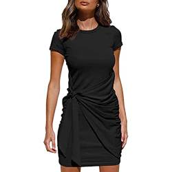 QKEPCY Damen Sommerkleider Rundhalsausschnitt Kurzarm Eng anliegendes Wickelkleid Kurzarm Urban Classics Plissee Einfarbig Elegant Bodycon Kleid (Schwarz XL) von QKEPCY