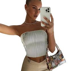 QKEPCY Damen Tank Top Crop Tops Schulterfreies Tank Vest Y2K Slim Fit Sommer Strickshirts Strickoberteil Ärmellose Shirt Basic Oberteile Solid Round Neck Ribbed (Weiß L) von QKEPCY