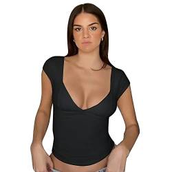 QKEPCY Damen Tank Top Sexy Tiefer V Ausschnitt Crop Tops Sommer Ärmellose Basic Shirt Oberteile Süße Ärmellose Hemden Frauen Tunika Top Bluse Sommer (Schwarz L) von QKEPCY