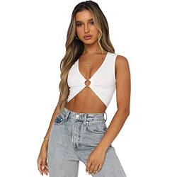 QKEPCY Damen Tank Top Sommer Ärmellose Top Damen V-Ausschnitt Sexy Ärmellose Tshirts Crop Tops mit Metallring Cut Out Shirts Streetwear (Weiß M) von QKEPCY