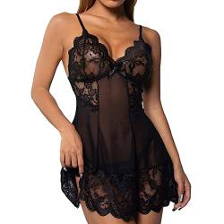 QKEPCY Dessous Sexy Negligee Damen Spitze Nachthemd Babydoll V Ausschnitt Nachtwäsche Lingerie Dessous Kleid Set Corsage Sleepwear Reizwäsche mit G-String (Schwarz, L) von QKEPCY